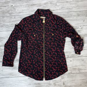 Michael Kors Black Floral Zip Front Top Size Small